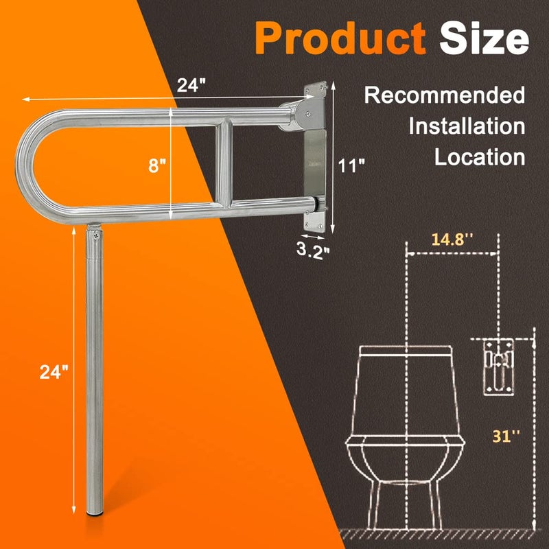Zelen Flip Up Grab Bars for Bathroom Toilet Rails Handicap Grab Bars Shower Safety Hand Rails for Elderly Bathtub Grab Bar Tub Handicapped Toilet Support Shower Handles Bath Rail Folding Grip Bar - Image 4